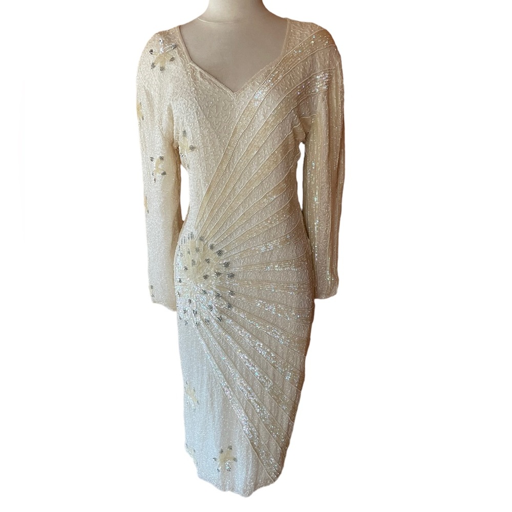 NWT Vintage‎ Jewel Queen 100% Silk, Handmade, Beaded & Sequin, V-Neck Gown